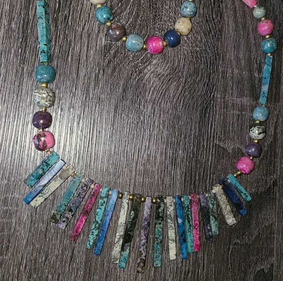 VINTAGE 2 PC SET HOWLITE STONES LONG TRIBAL NECKLACE & BRACELET COSTUME HANDMADE - Picture 9 of 10